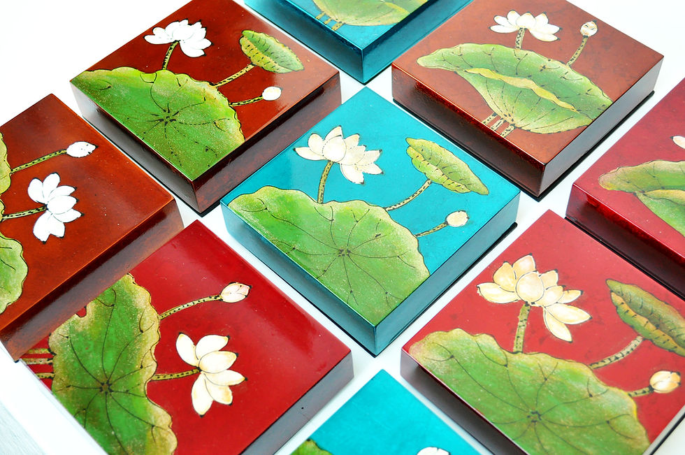 Thumbnail: handmade wooden lacquer coaster and box with lotus flower pattern brown red blue