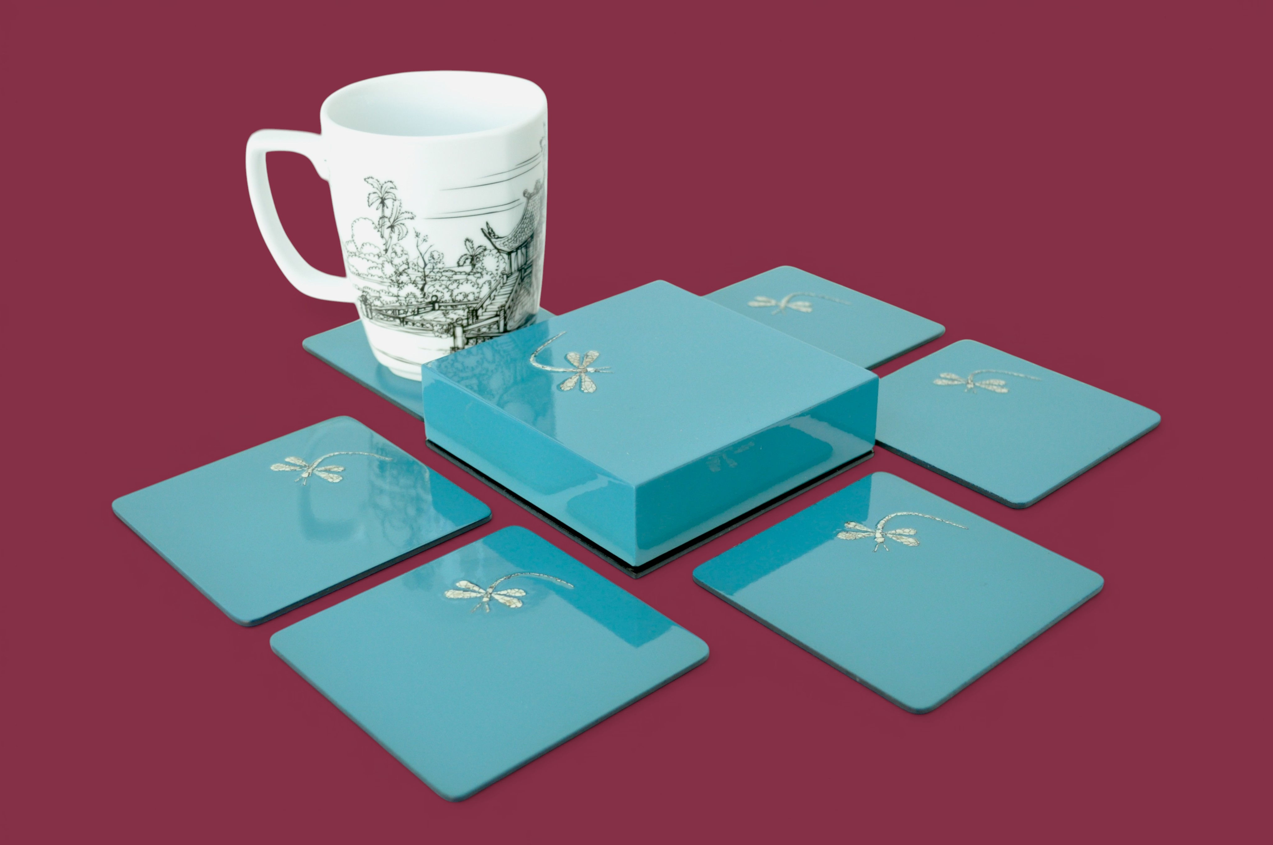 Eco-friendly handmade wooden lacquer coasters with eggshell inlay blue green red black orange blue