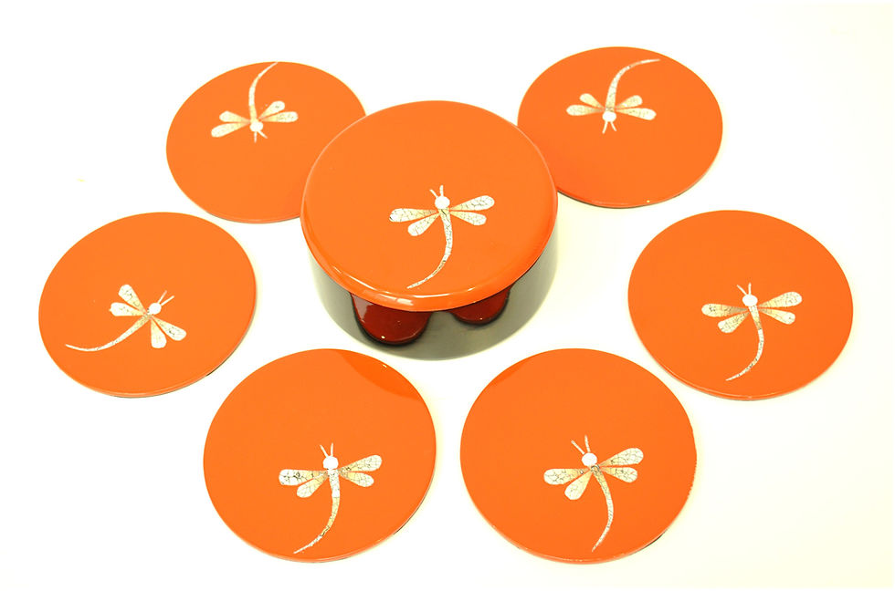 Thumbnail: eco friendly handmade wooden lacquer round coaster with eggshell inlay blue green red black orange white