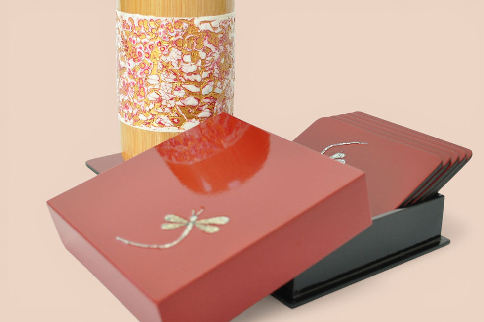 Thumbnail: Eco-friendly handmade wooden lacquer coasters with eggshell inlay blue green red black orange blue