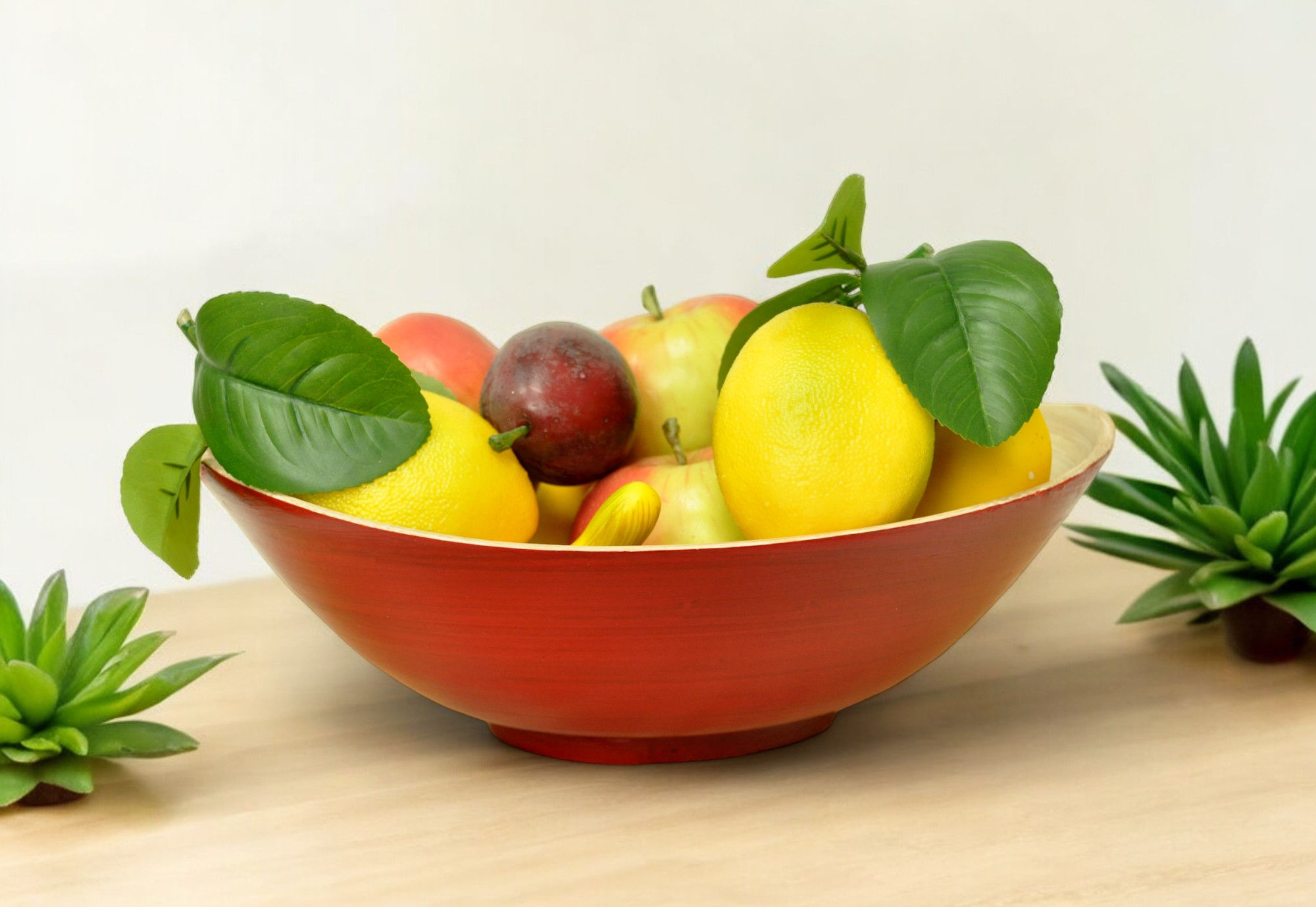 Eco handmade bamboo wood bowl round oval boat shape salad fruit serving bowl brown cream green orange red