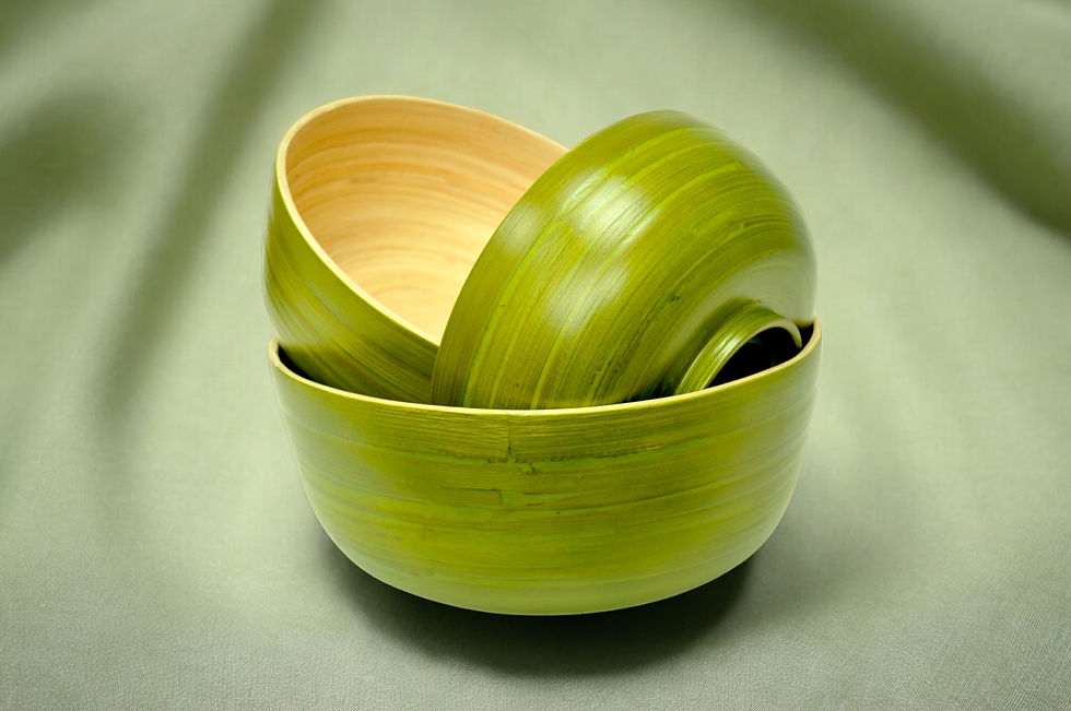 Thumbnail: Eco friendly handmade bamboo wood bowl round oval boat shape salad fruit serving bowl brown cream green orange red