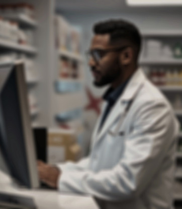 pharmacist in white coat at computer in