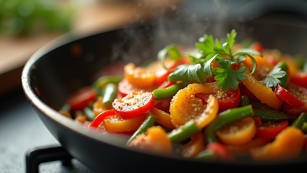 Close-up view of a colorful vegetable stir-fry in a skillet