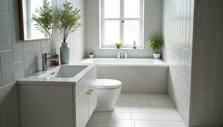 High angle view of a bathroom renovation with new tiles and modern fixtures