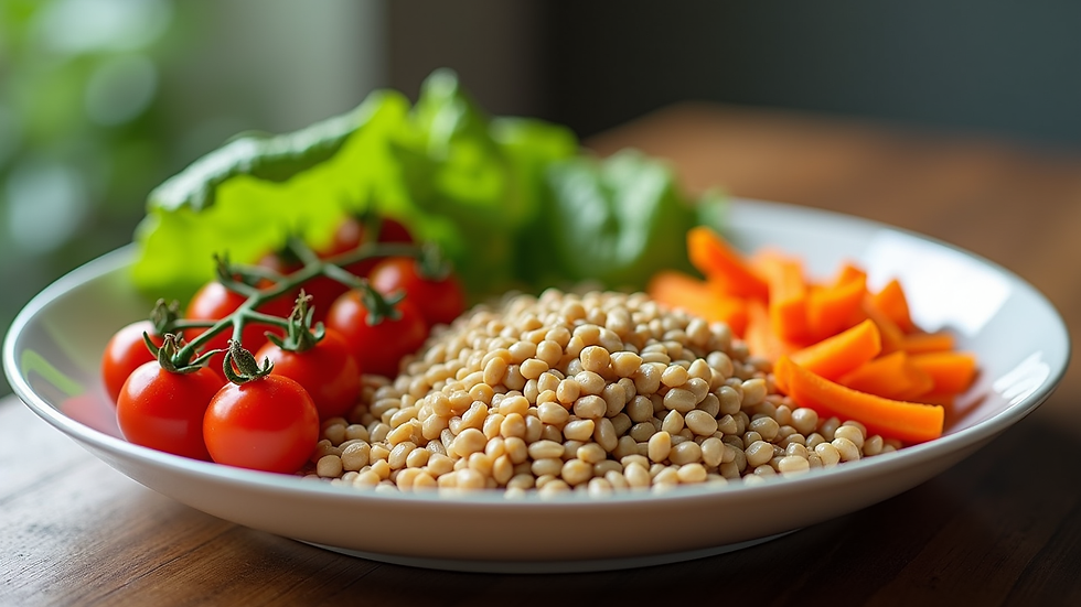 Close-up of a balanced meal plate with colourful vegetables and grains