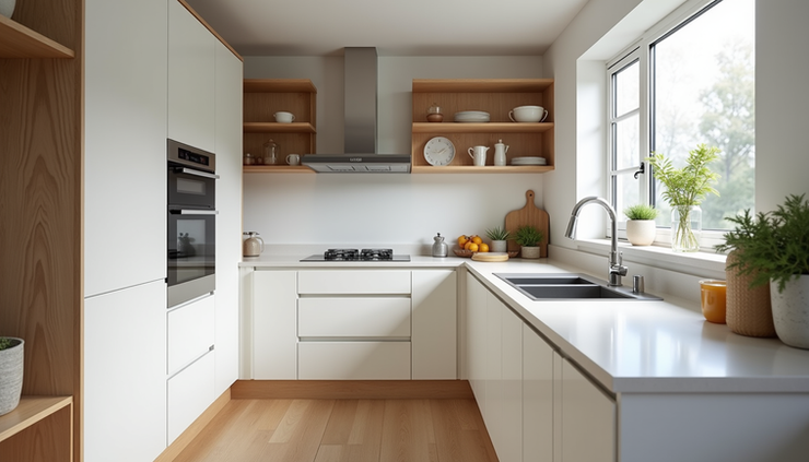 Eye-level view of a modern kitchen renovation with new cabinets and countertops
