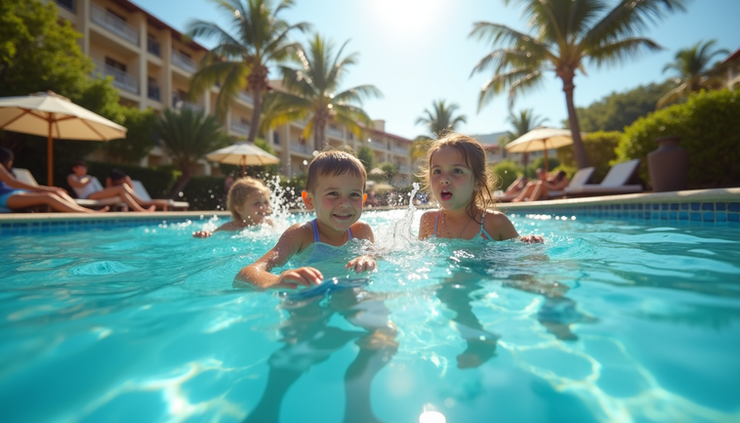 Eye-level view of a family-friendly resort pool with kids playing and adults relaxing