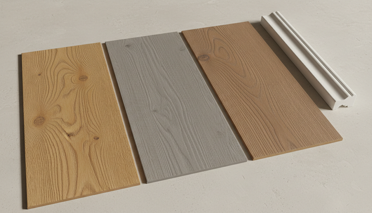 Close-up view of vinyl plank flooring samples in warm oak, cool grey, and natural brown tones.