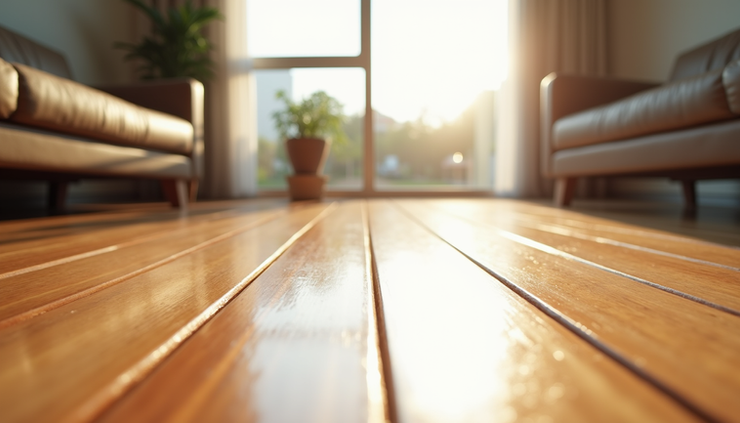 Close-up view of polished hardwood floor reflecting natural light in a renovated Okanagan Valley home