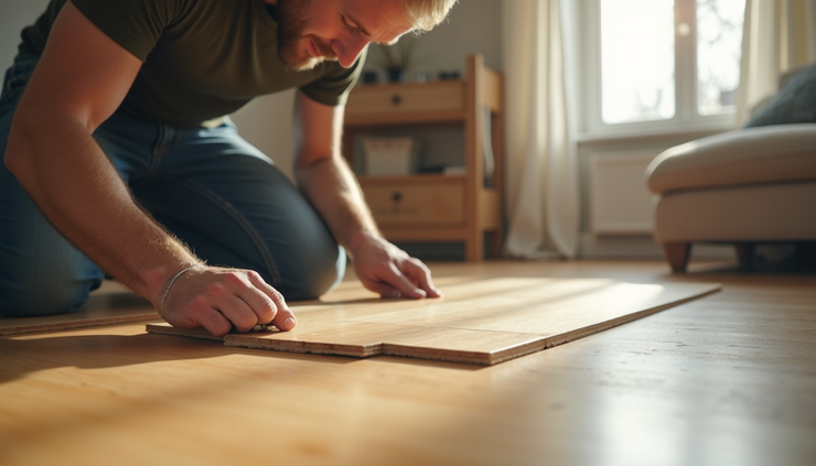 Close-up view of a craftsman installing hardwood flooring in a living room