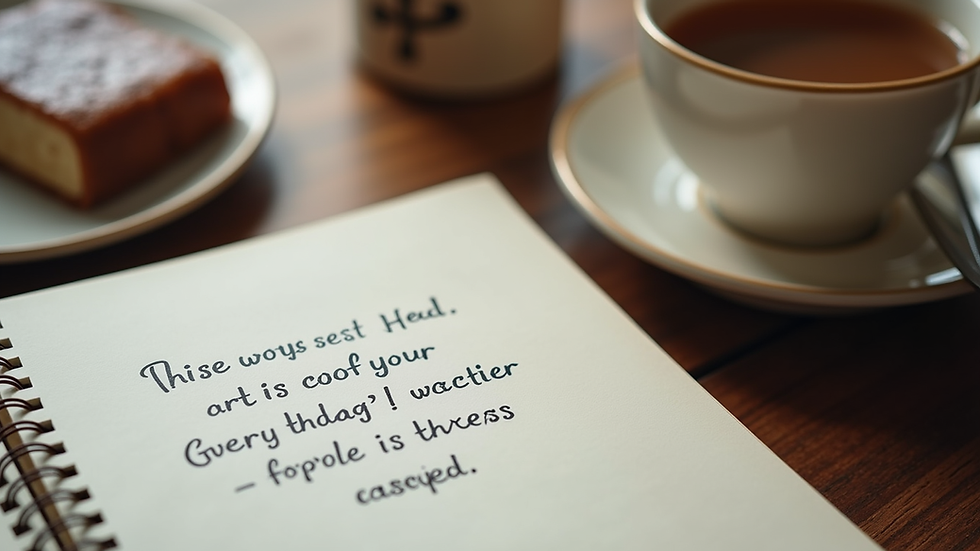 Close-up of a notebook with motivational quotes and a cup of tea on a cozy table