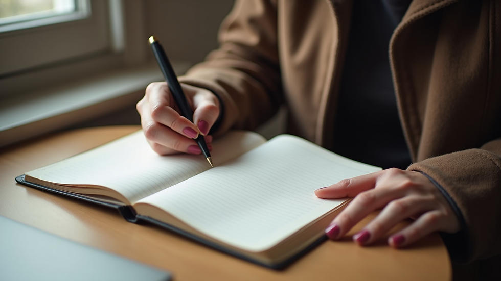 Vista panorámica de una mujer escribiendo en su diario de logros personales