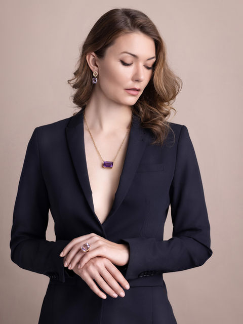 Jewelry Model Photography with Amethyst Earrings, Ring, & Necklace