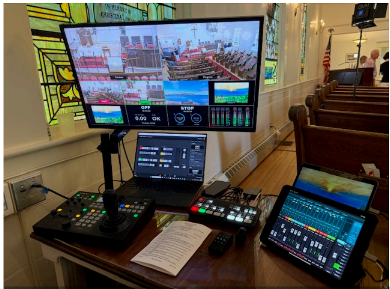This is Mike's control station, and it is impressive. Additionally, there are cameras located at the back of the sanctuary, speakers at several locations, and other related equipment elsewhere.