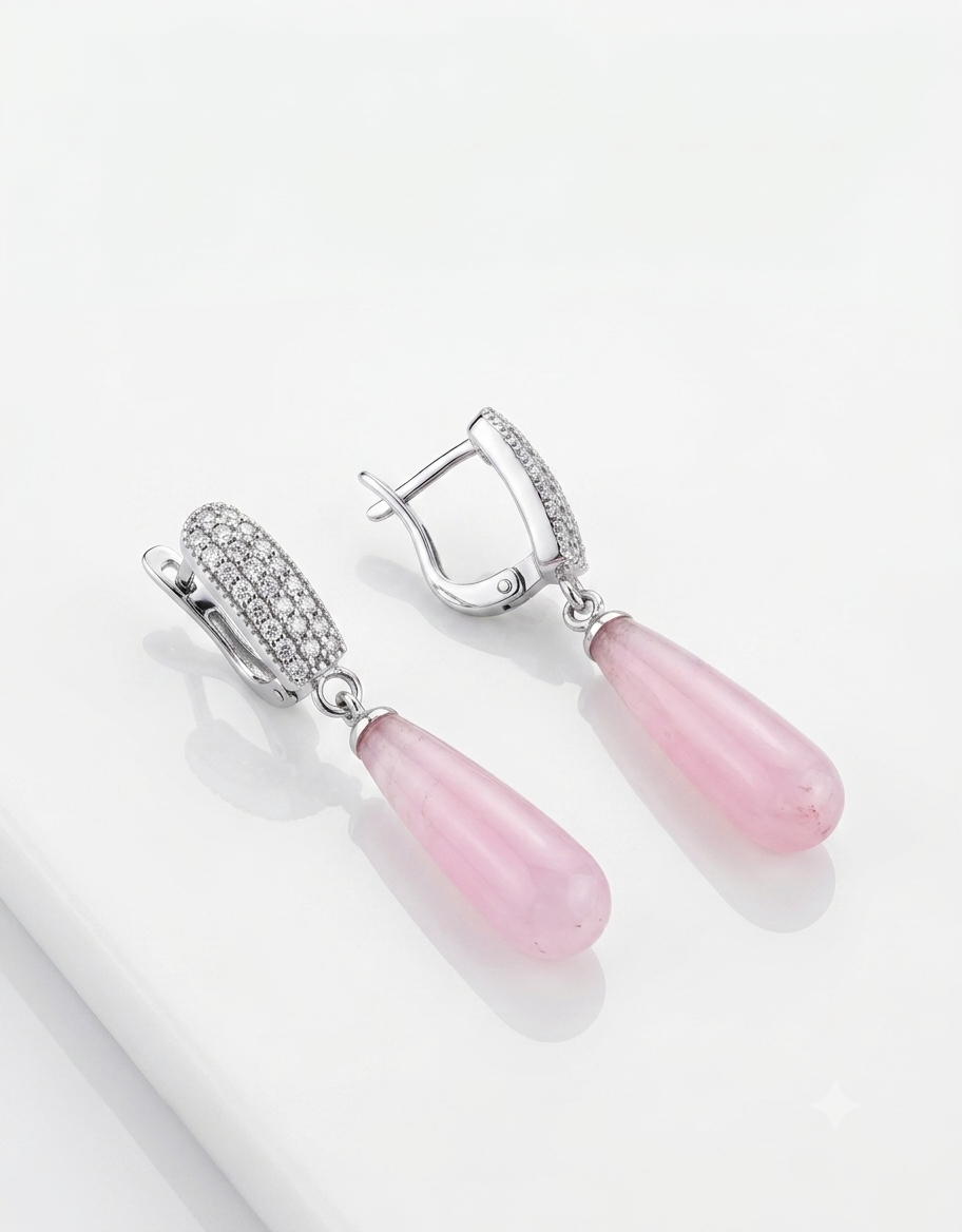 Cascade Earrings with teardrop pink quartz gemstones.
