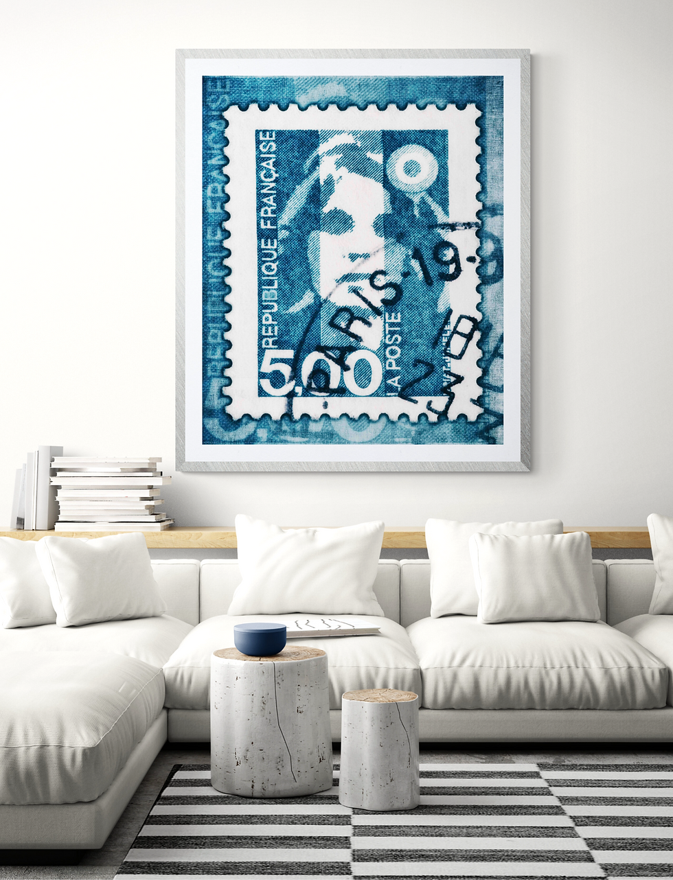 Thumbnail: blue-and-white-france-marianne-postage-stamp-collection-wall-art-deborah-pendell-artist