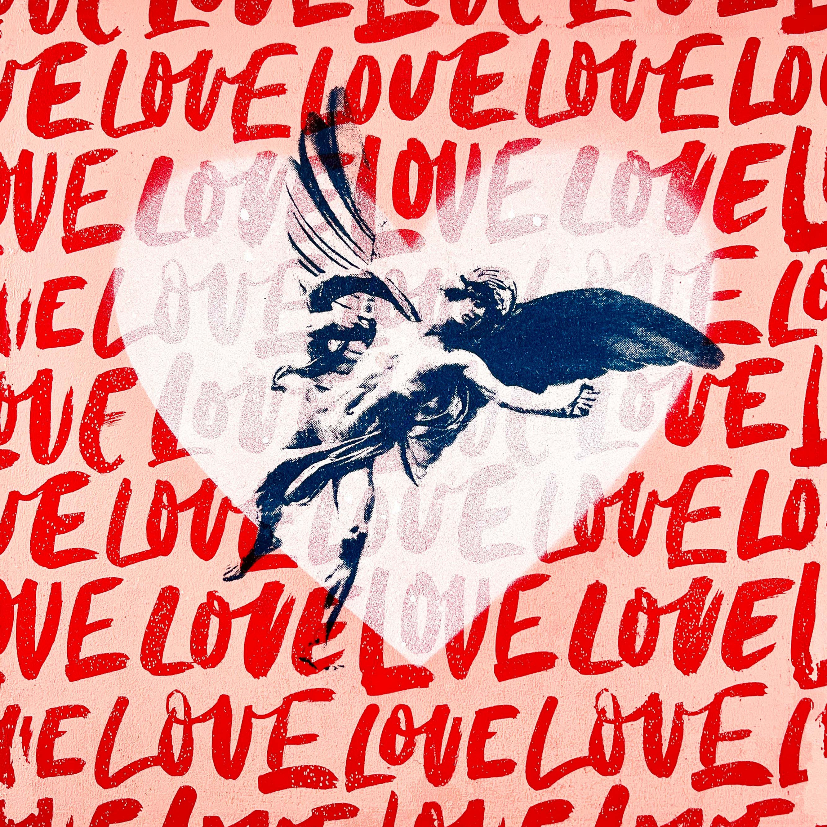 Eros London loveheart artwork with Love on background by Deborah Pendell