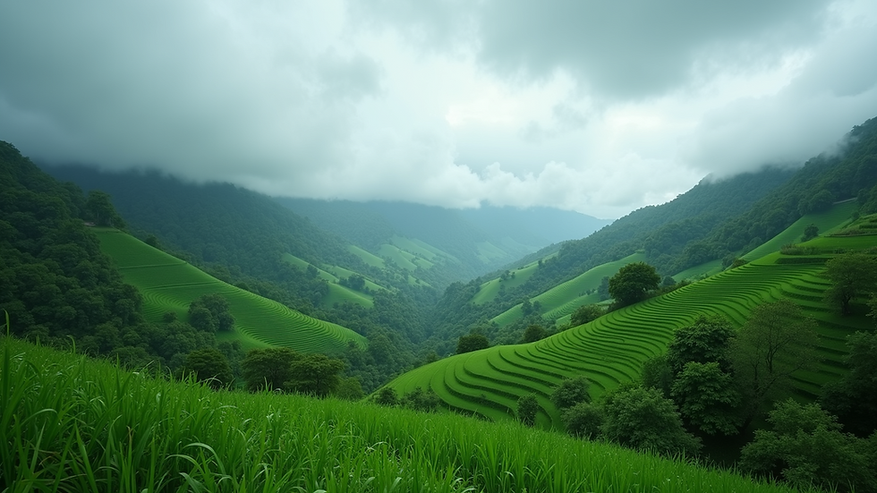 High angle view of lush green hills covered in monsoon clouds