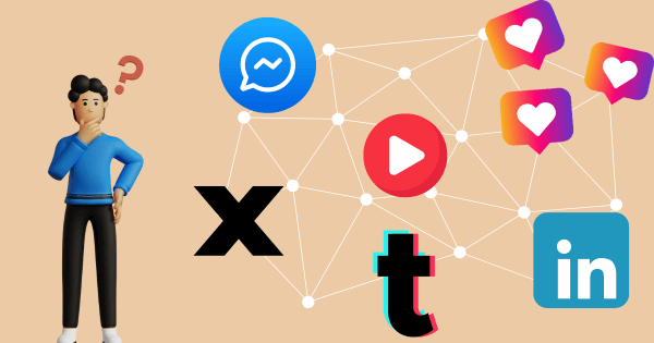 Imagem de um boneco em dúvida, ao lado de símbolos de redes socais linkedin, tiktok, x, facebook e instagram.