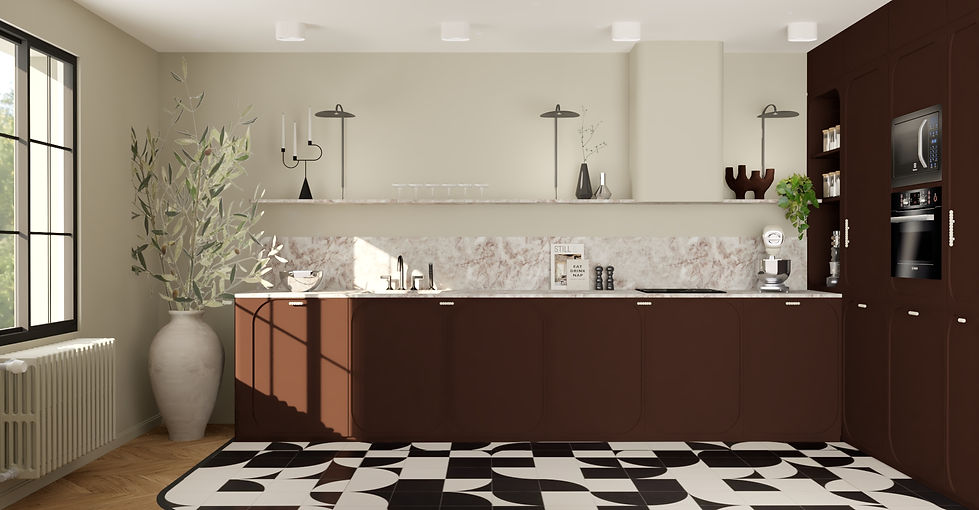 Vue 3D sur la décoration future de la cuisine. Dans une ambiance géométrique et teintée de bordeaux