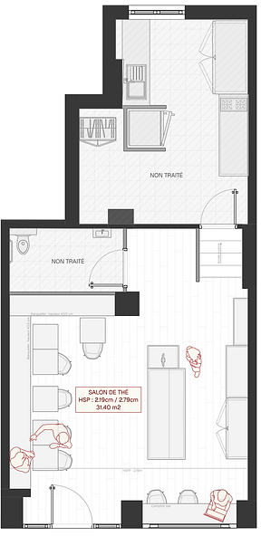 Plan 2D existant d’un coffee shop, agencement spatial fonctionnel et optimisation basique.