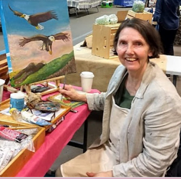 Diane Rae painting with acrylic at the On Site Art in 2020 in Nanaimo British Columbia