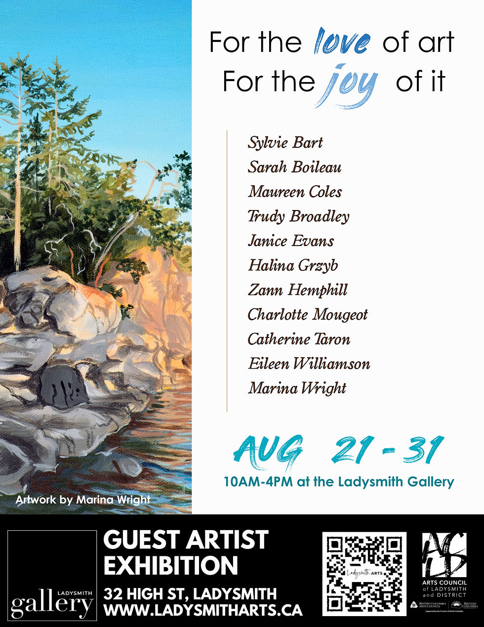 show poster for art show For the Love of Art, For the Joy of it. List of artist names and a photo of artwork by Marina Wright featuring a rocky landscape on the edge of water with blue sky