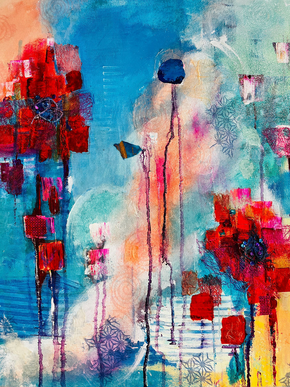 colorful blue background with blue circles and red squares overlapping to create floral arrangements