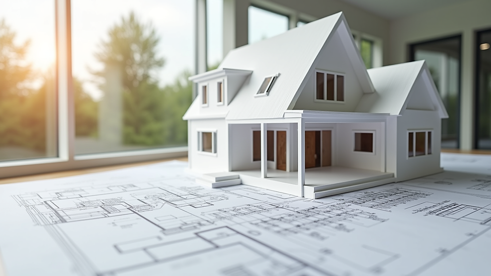 Wide angle view of architectural blueprints and a scale model of a custom home
