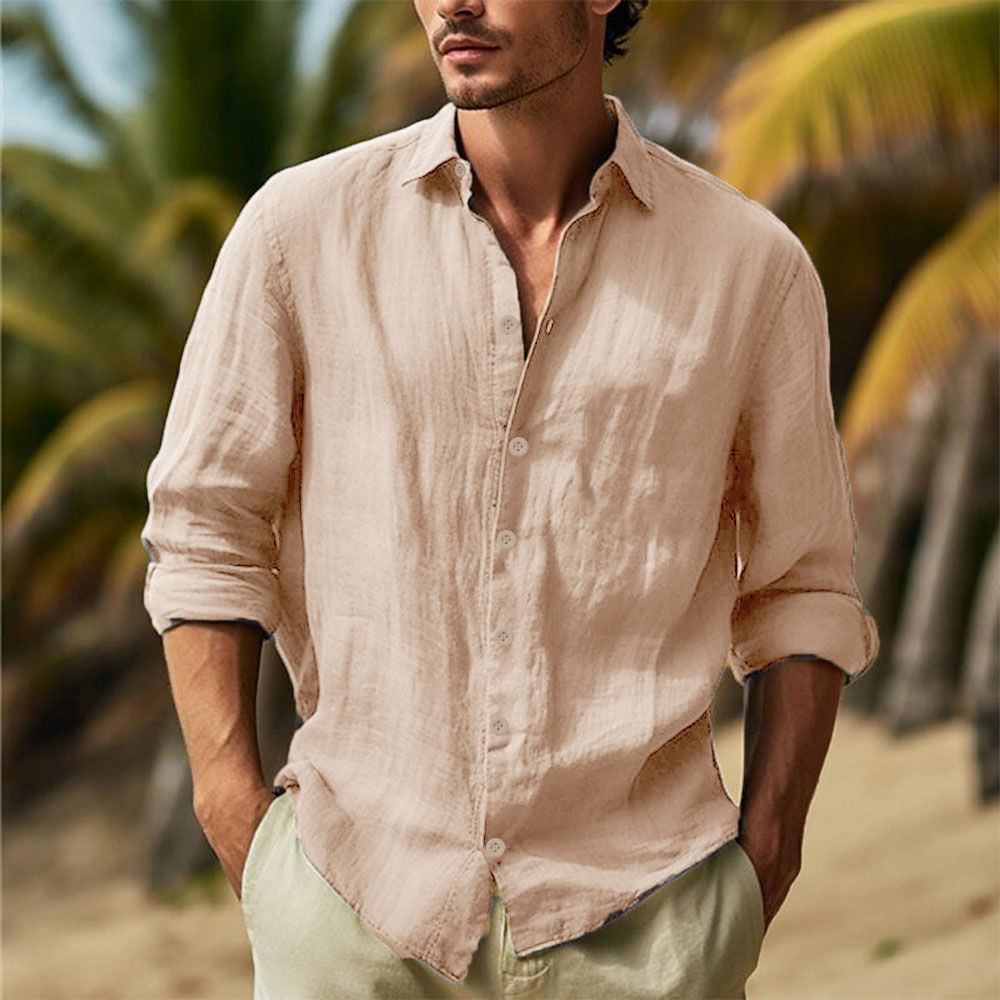 Men's Cotton Linen Shirts Turn Down Collar Solid Hawaiian Shirt Lightweight Brea