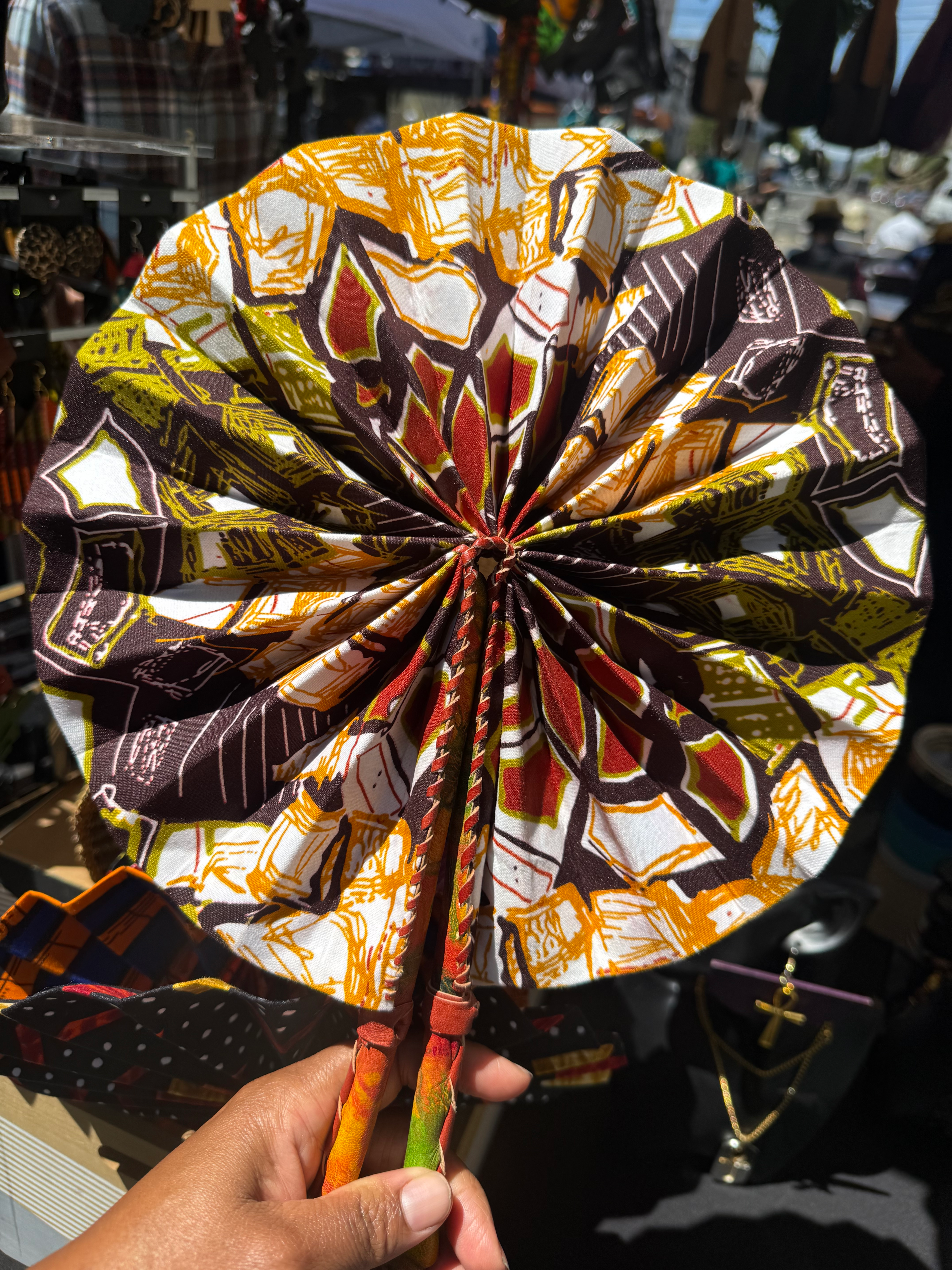 African Print Fabric and Leather Handheld Folding Fan