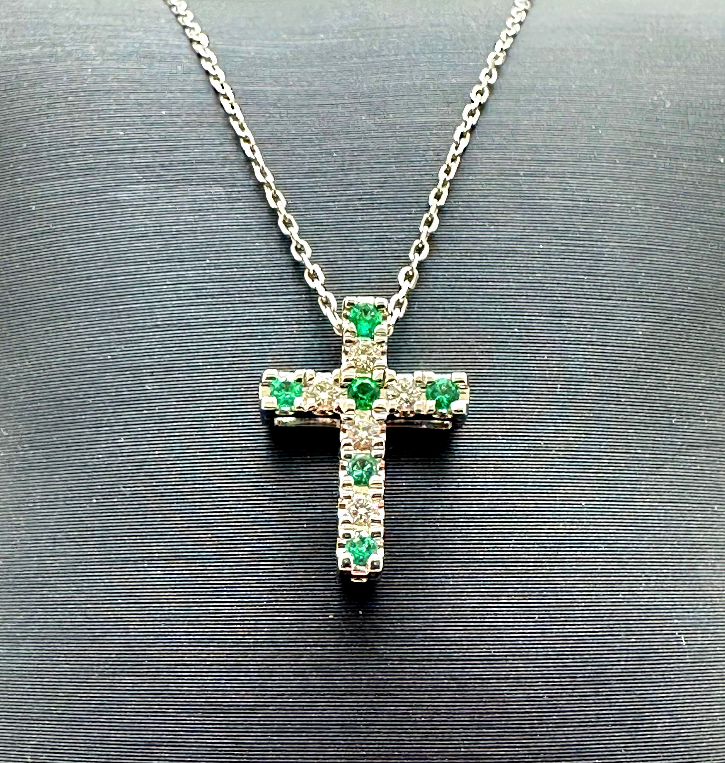 14k White Gold Emerald and Diamond Cross