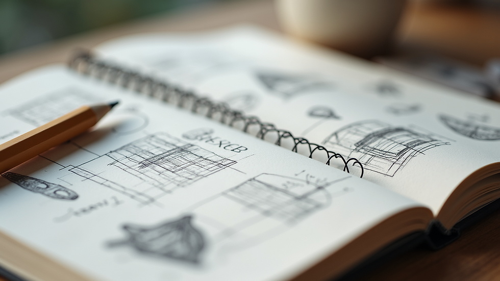 Close-up view of a sketchbook with design concepts