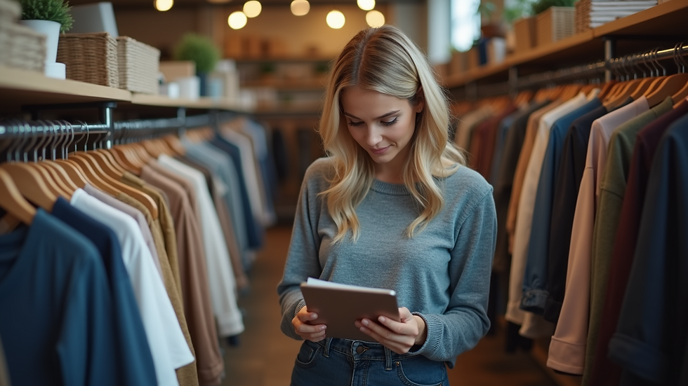 High angle view of a customer reading online clothing reviews