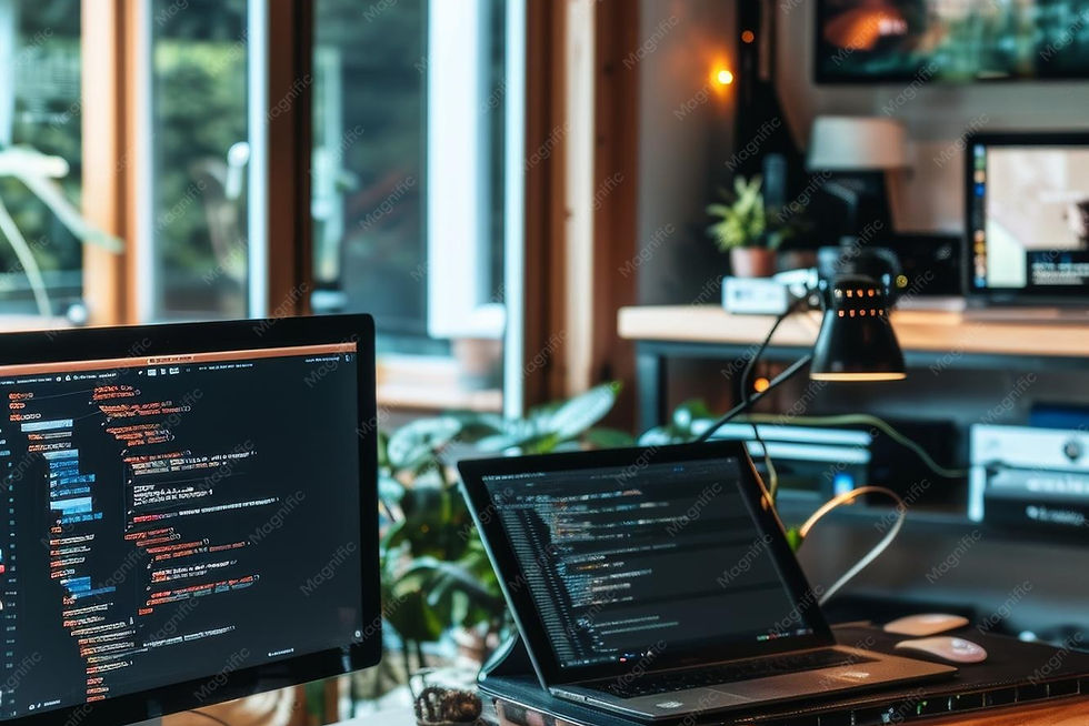 Modern Workspace with Dual Monitors and Coding in Progress for Software ...
