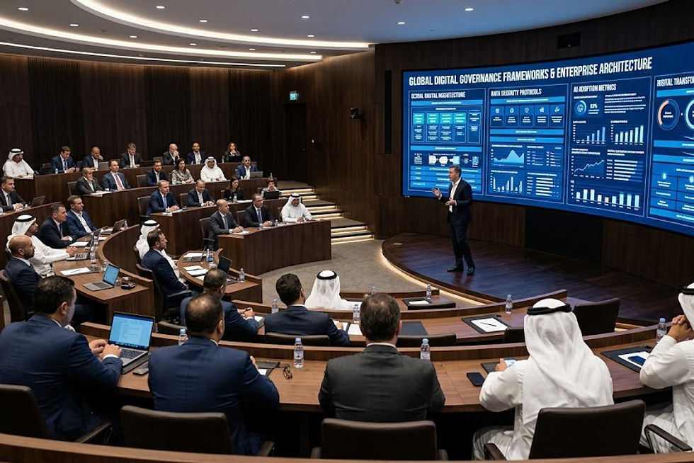 Inside a high-end executive lecture theatre in DIFC Gate Village, Dubai. Tiered semicircular dark waln