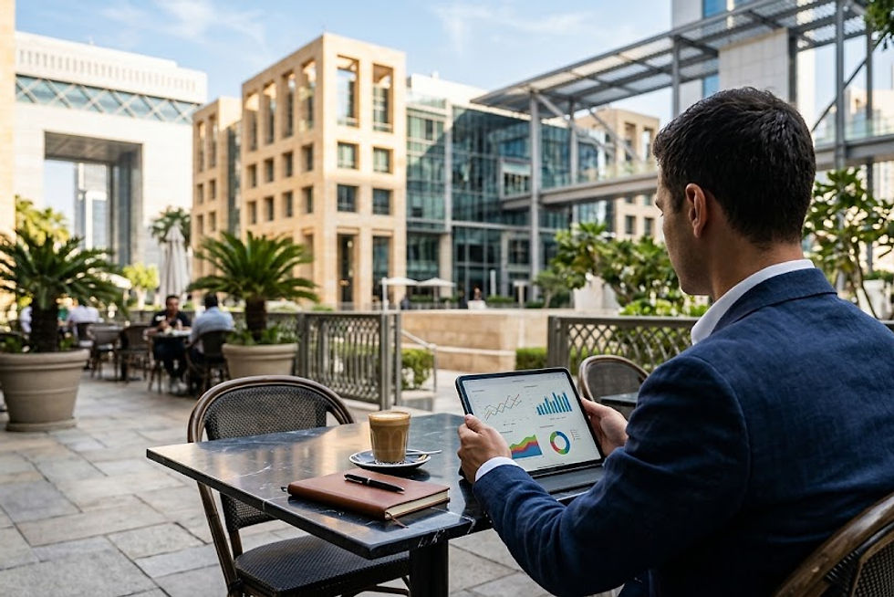 An investor seated at a black marble bistro table on a shaded outdoor café terrace in DIFC