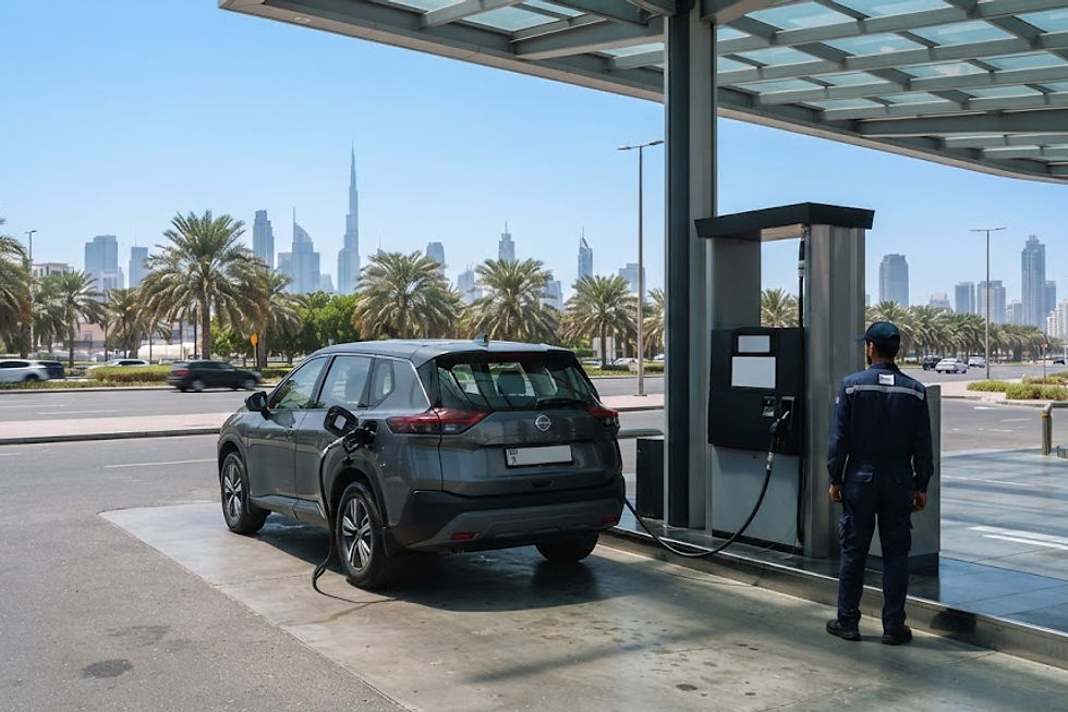 On the paved forecourt of a contemporary fuel service station in the Al Wasl dist