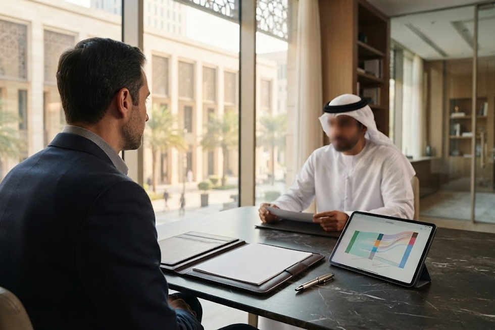 Inside a boutique asset management office in DIFC Gate Village, Dubai during morning hours. In