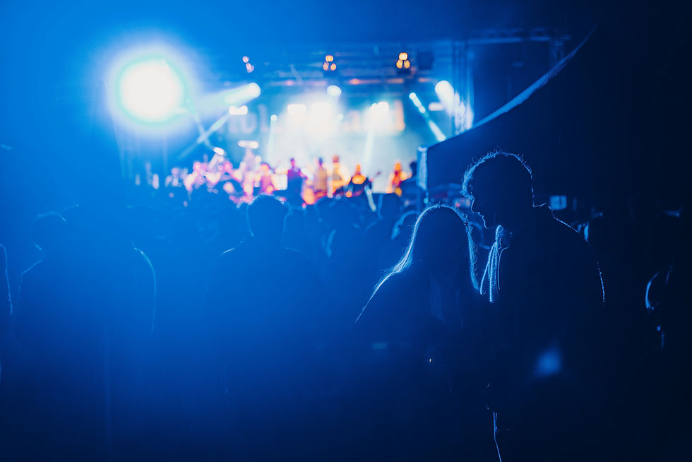 A couple behind the concert stage of the bavarian Holzerband at night with bright blue lights illuminating the rims of their silouette.
