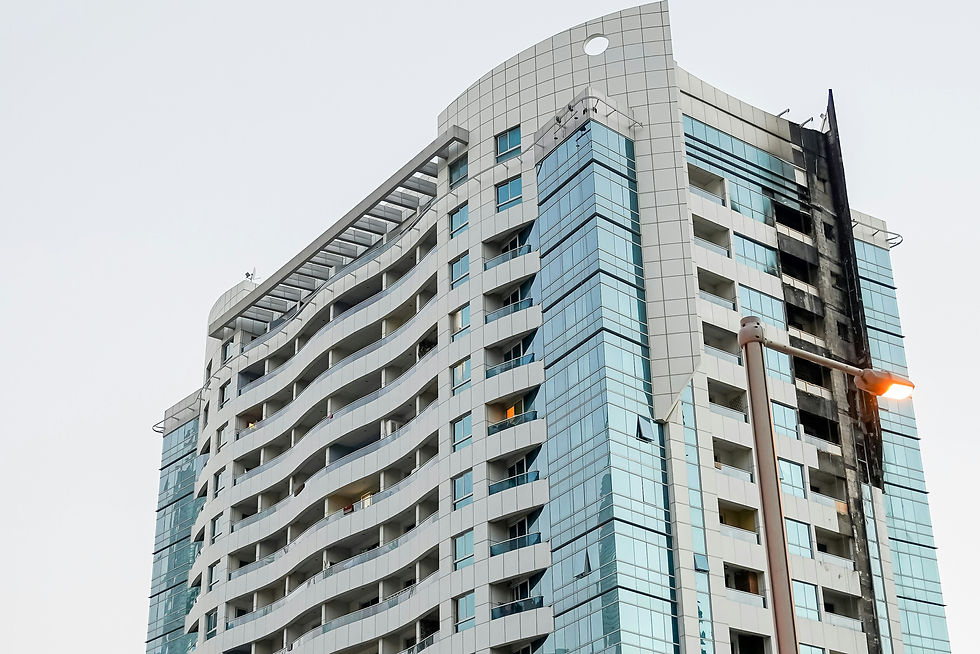 Low-angle view of a contemporary white residential building with balconies in Dubai.