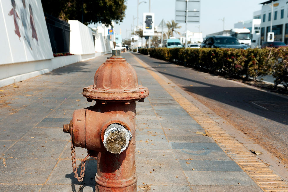 A rusty red fire hydrant on a sidewalk