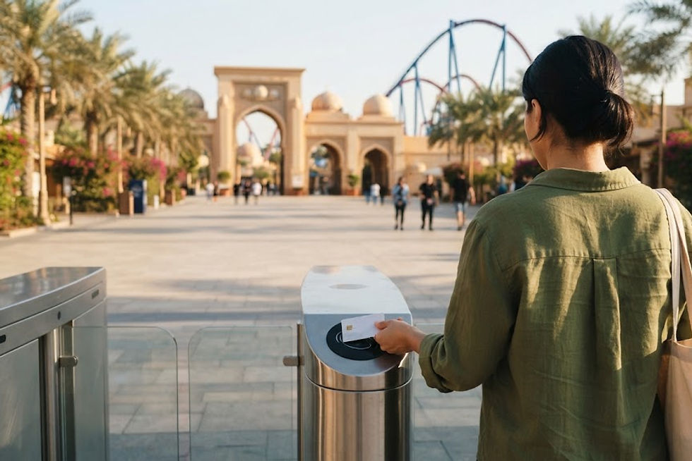 At the resident admission turnstiles of Dubai Parks and Resorts on a crisp win