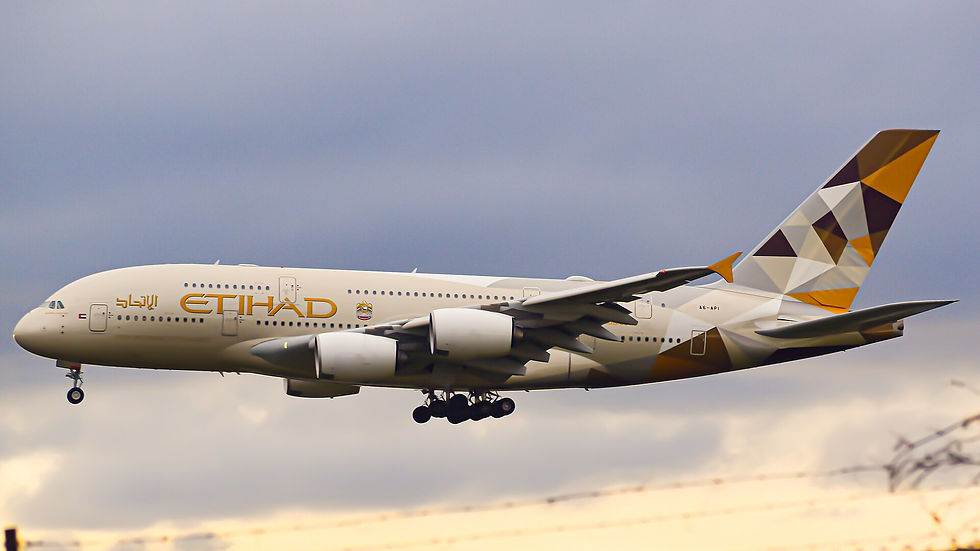 Etihad Airways Airbus A380 in the carrier's facets livery on approach