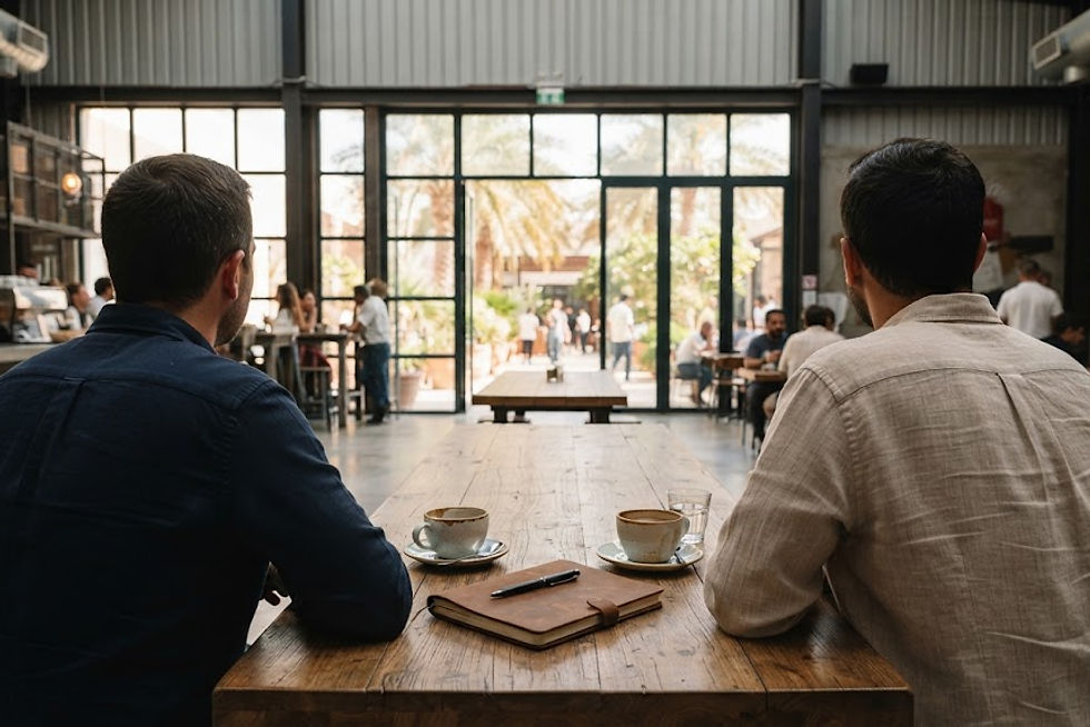 From behind two entrepreneurs seated at a wooden communal table inside an airy café at Alserkal Avenu