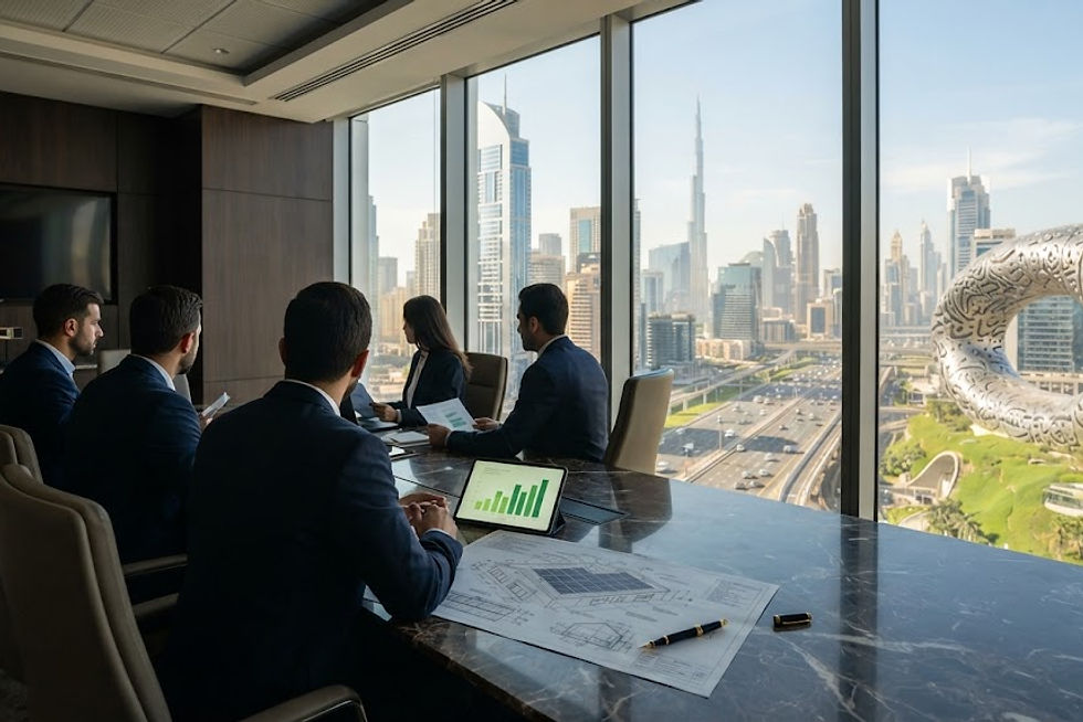 Inside an executive boardroom of a high-rise office tower along Sheikh Zayed Road in Duba