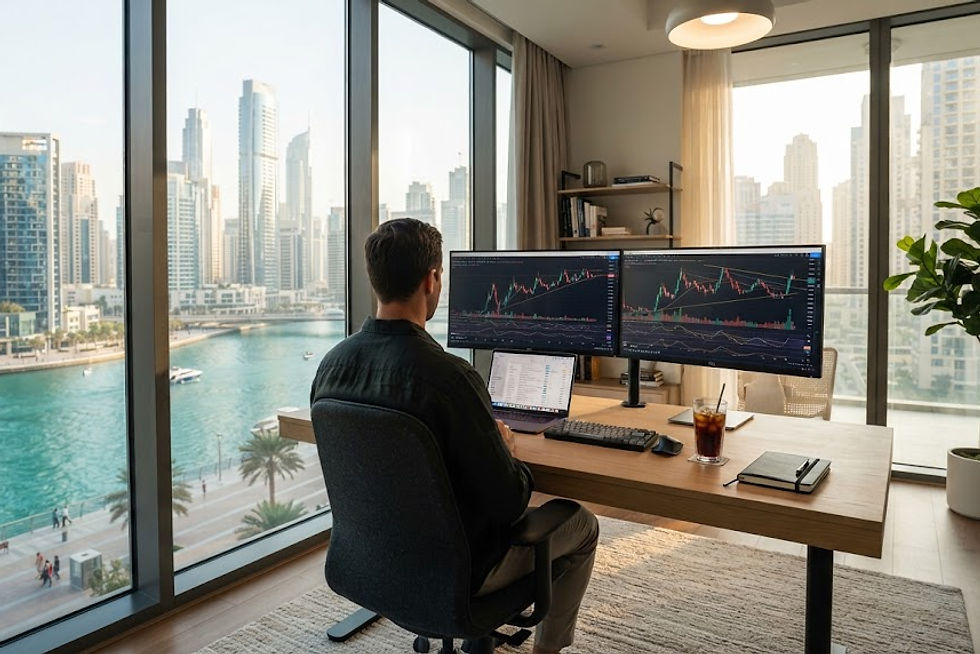 Interior view of a modern sunlit home office in a high-rise tower in Business Bay, Dubai. On a sleek light oak desk rest