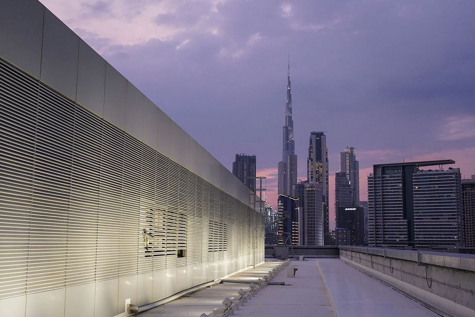 A rooftop view of Burj Khalifa and Dubai skyline.
