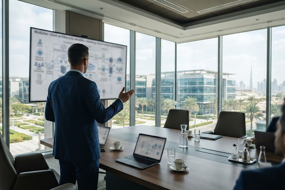 Inside an expansive, glass-walled executive boardroom overlooking Dubai Internet City. A sleek dark walnut conference ta